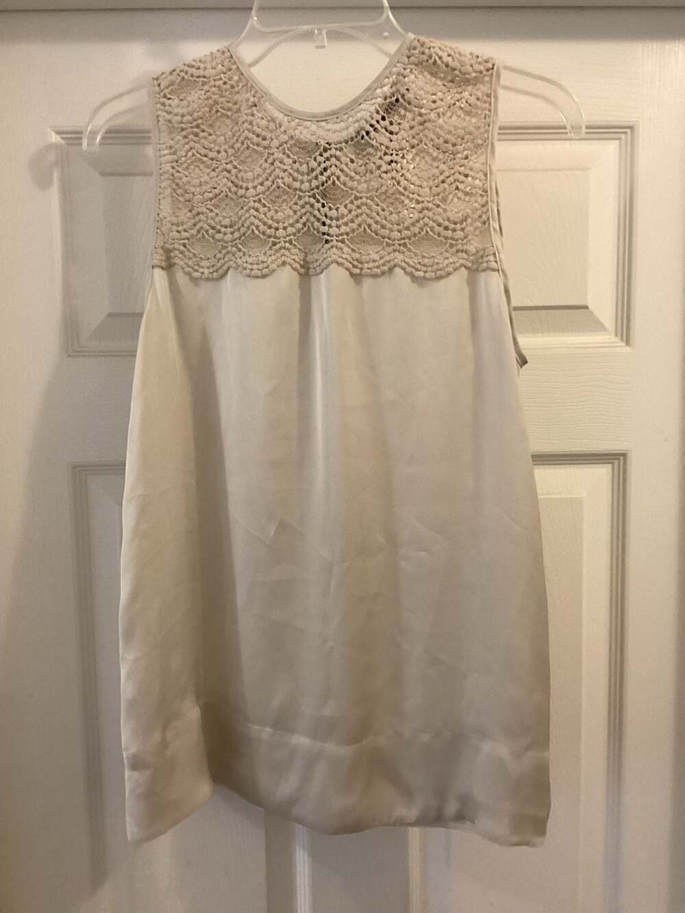 Ipekyol Sleeveless Cream Satin Top with Crochet Lace Yoke and Back Zipper